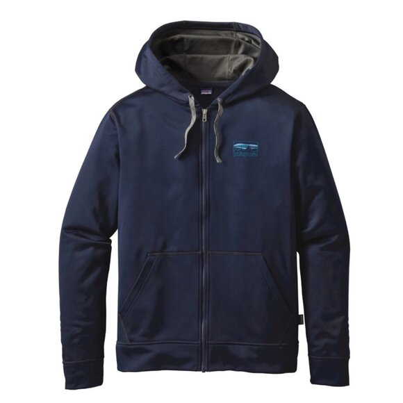 Patagonia Shop Sticker Patch Navy Blue Full Zip Fleece Hoodie Jacket - Picture 1 of 9